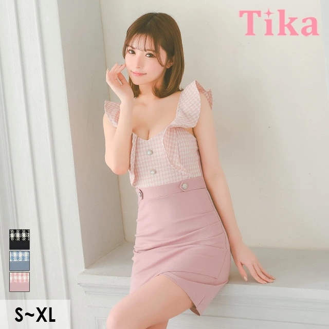 【即日発送】キャバ ドレス タイト ミニ ノースリーブ フリル フロントボタン S～XLサイズ 大きいサイズ キャバドレス キャバ嬢 キャバクラ ラウンジ スナック ワンピース タイトドレス キャバワ