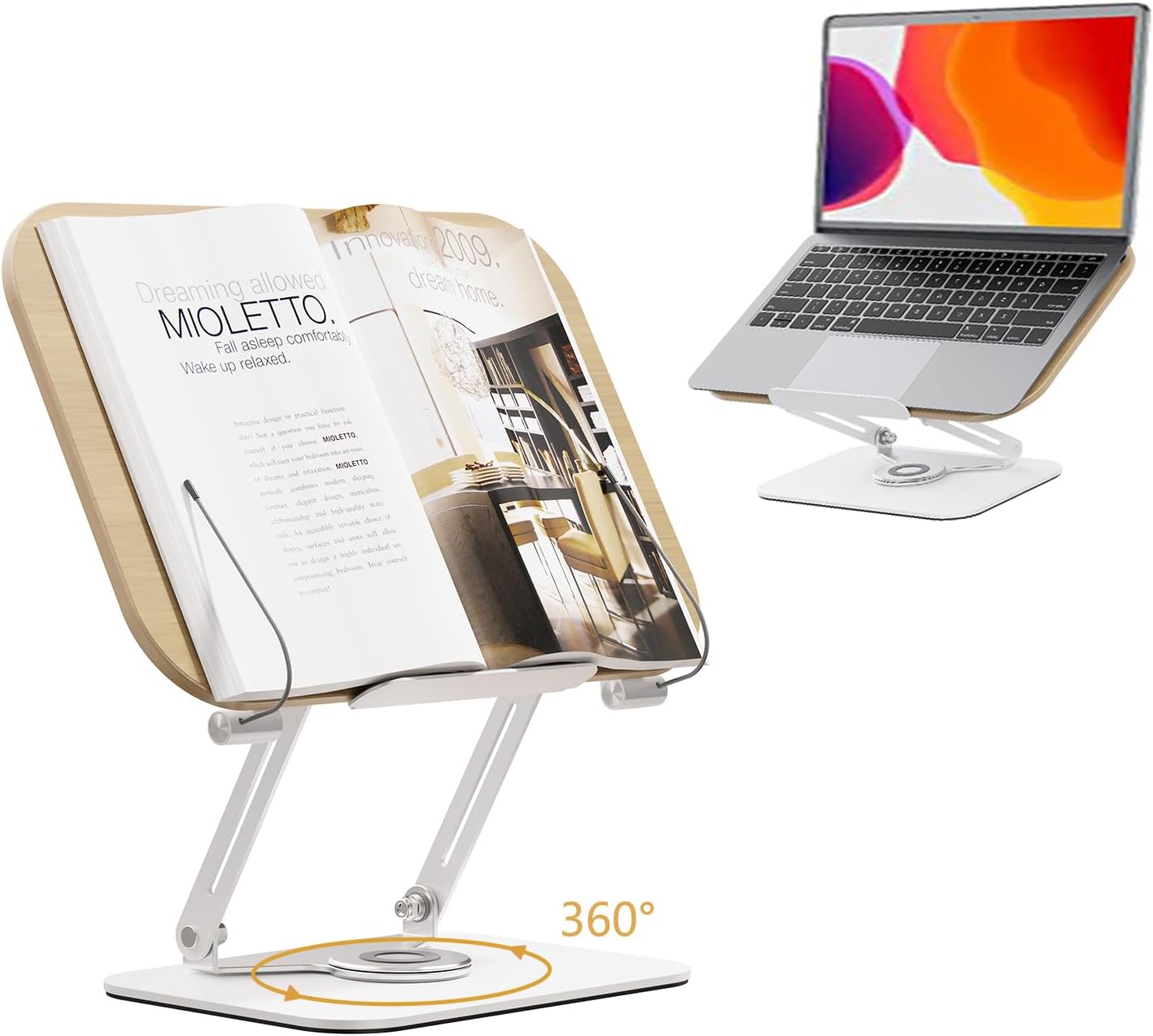 【即納】ブックスタンド 書見台 読書台 360度回転式台座 無階段高さ角度調節 折りたたみ式 アイロン台座 安定性 持ち運びやすい ページ捲り簡単 木製 筆記台