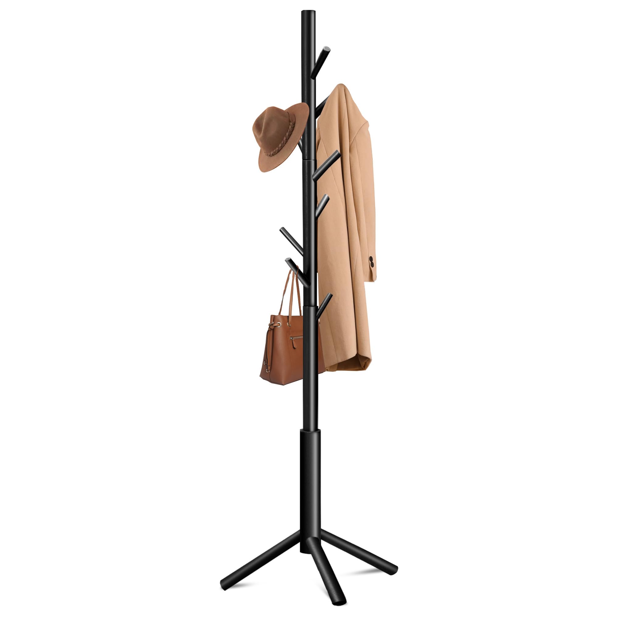 ポールハンガー 木製 衣類収納 コートハンガー 洋服ラック Azaeahom 40kg耐荷重 ハンガースタンド 枝型フック設計 高さ175cm 3段高さ調節可能 フック8個 組み立て簡単 ネジ式 倒れ