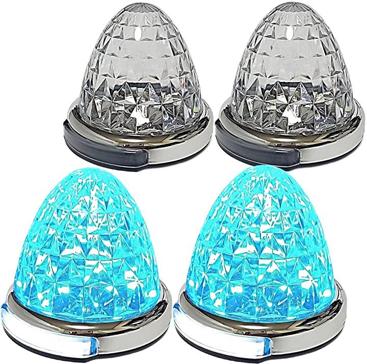 カスタマイズ 12V 24V トラック用 LED マーカーランプ 路肩灯機能付 サイド メッキリング 5面クリスタルカット仕様 22LED 汎用 (アイスブルー, 4個セット)