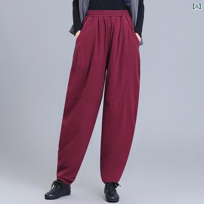 パンツ レディース 冬用 アウター用 リネン ハイウエスト エスニック コットンパンツ キルティング 厚手 コットンリネン キャロット カジュアル ランタン