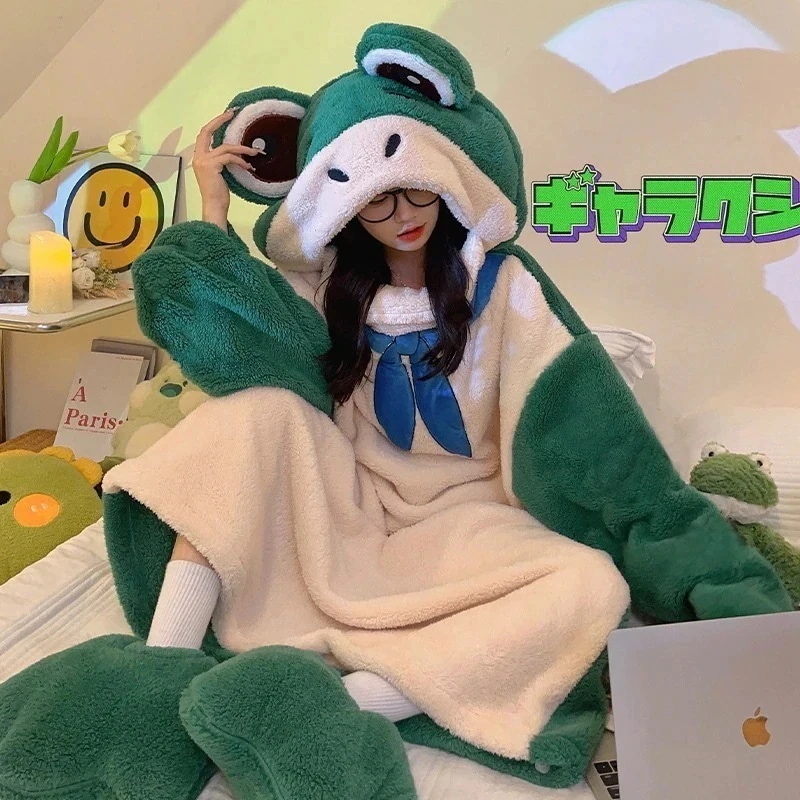 可愛い 女装 パジャマカエル連体 パジャマ パーティー変な 連帽スリーパー 着ぐるみパジャマ 女 キャラクター レディース 本日 珊瑚絨毯