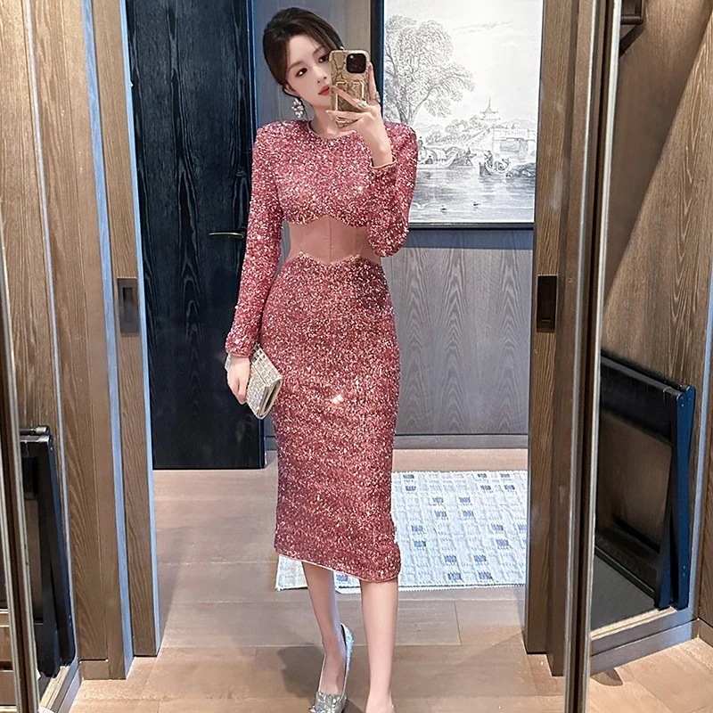 【3日で出荷】秋冬新品 キラキラ タイトワンピース ドレス パーティー キャバ 大人 同窓会 披露宴 卒業式 結婚式 演奏会 ウェディング 二次会 メガ割