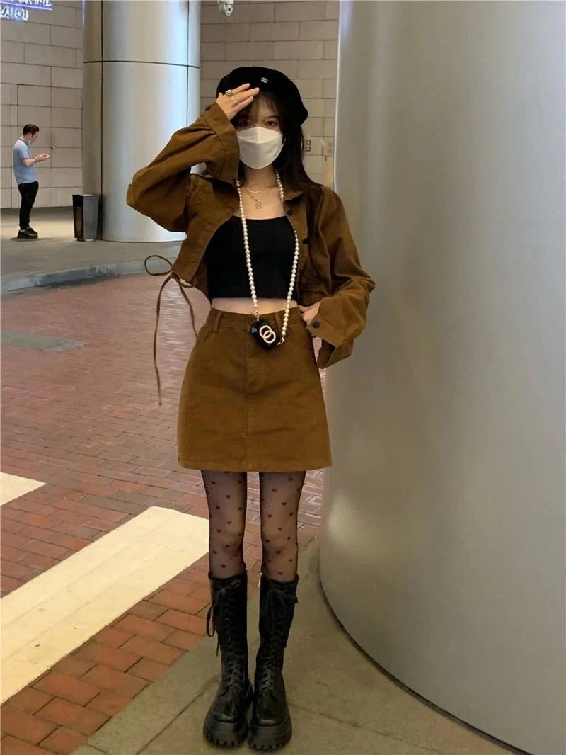 新作春春冬 高級感 韓国ファッション カレー色のセット ロープ引き ショート丈のコート ハイウエスト a字スカート 2点セット