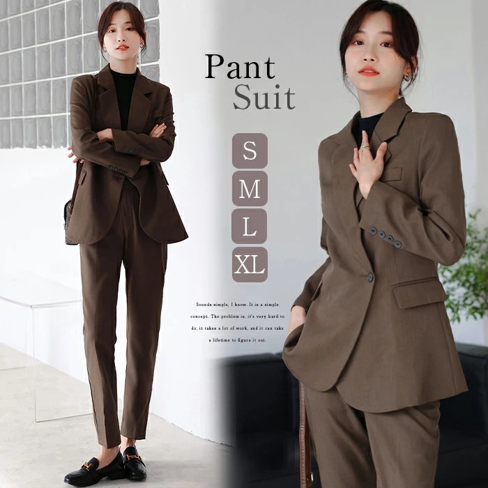 レディース スーツ パンツスーツ スーツセット レディーススーツ ビジネススーツ リクルートスーツ セットアップ フォーマル 入学式 洗える ノーカラー ジャケット パンツ 2点セット ブラウン 着痩