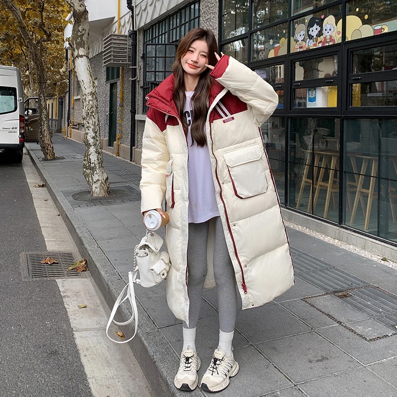 韓国ファッション スタイリッシュなスポーツ風ダウンジャケット2024新型ロングキャップぶつけ色ゆったりカジュアル気品コート