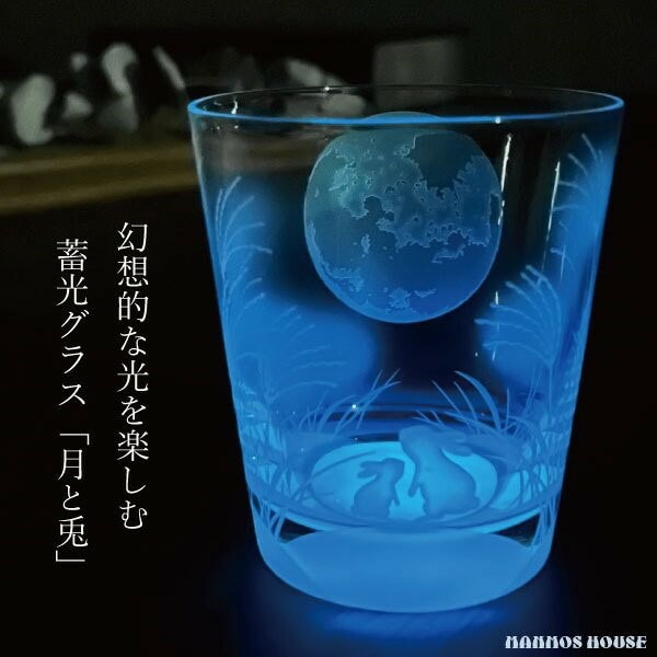 幻想的な光を楽しむグラス/高級/ロックグラス/蓄光グラス/おしゃれ/日本製/デザイングラス/職人の技/サンドブラスト/彫刻/フリーグラス/プレゼント/ギフト/月とうさぎ