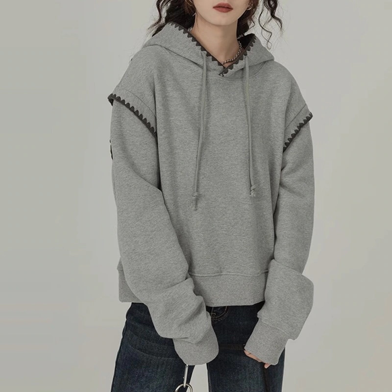 パーカー グレー デザイン感でキャップを厚くした衛衣女秋冬 新作ショート丈トップス