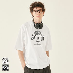 Tシャツ メンズ 半袖 ロゴ イラスト カットソー クルーネック プルオーバー ミディアム丈 ビッグシルエット リブ メール便不可