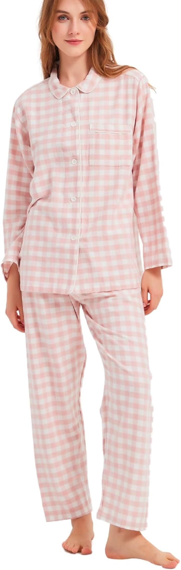 パジャマ レディース コットンフランネル 春 秋 薄手 前開き 長袖 おしゃれ シンプル 寝巻き パジャマセット 上下セット レディースパジャマ 綿 入院( ピンク/ホワイト, L)