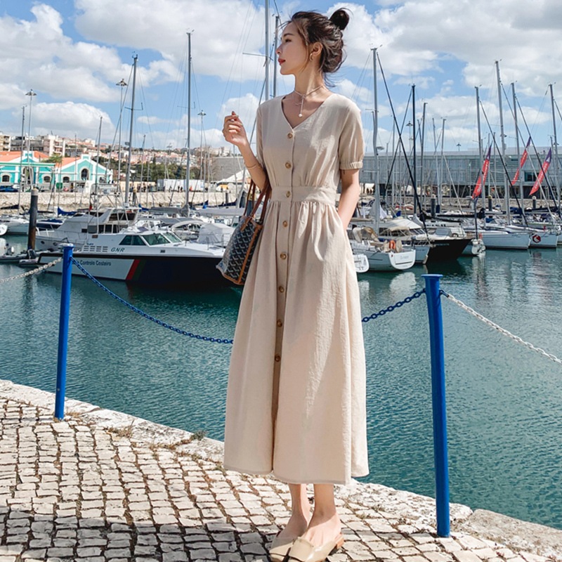ワンピース ロング丈 袖あり 半袖 Vネック 襟なし ウエストマーク ハイウエスト 大人女子 こなれ感 個性的 セクシー ベージュ レッド S M L Aライン エレガント フレア クール