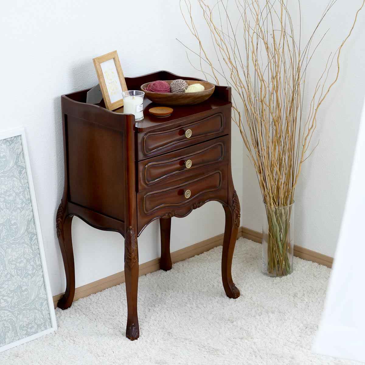 サイドチェスト 3段 猫脚 クラシック調 幅46cm 収納 チェスト ディスプレイ リビングボード 天然木 完成品 マホガニー 木製 サイドキャビネット 引出し 猫足