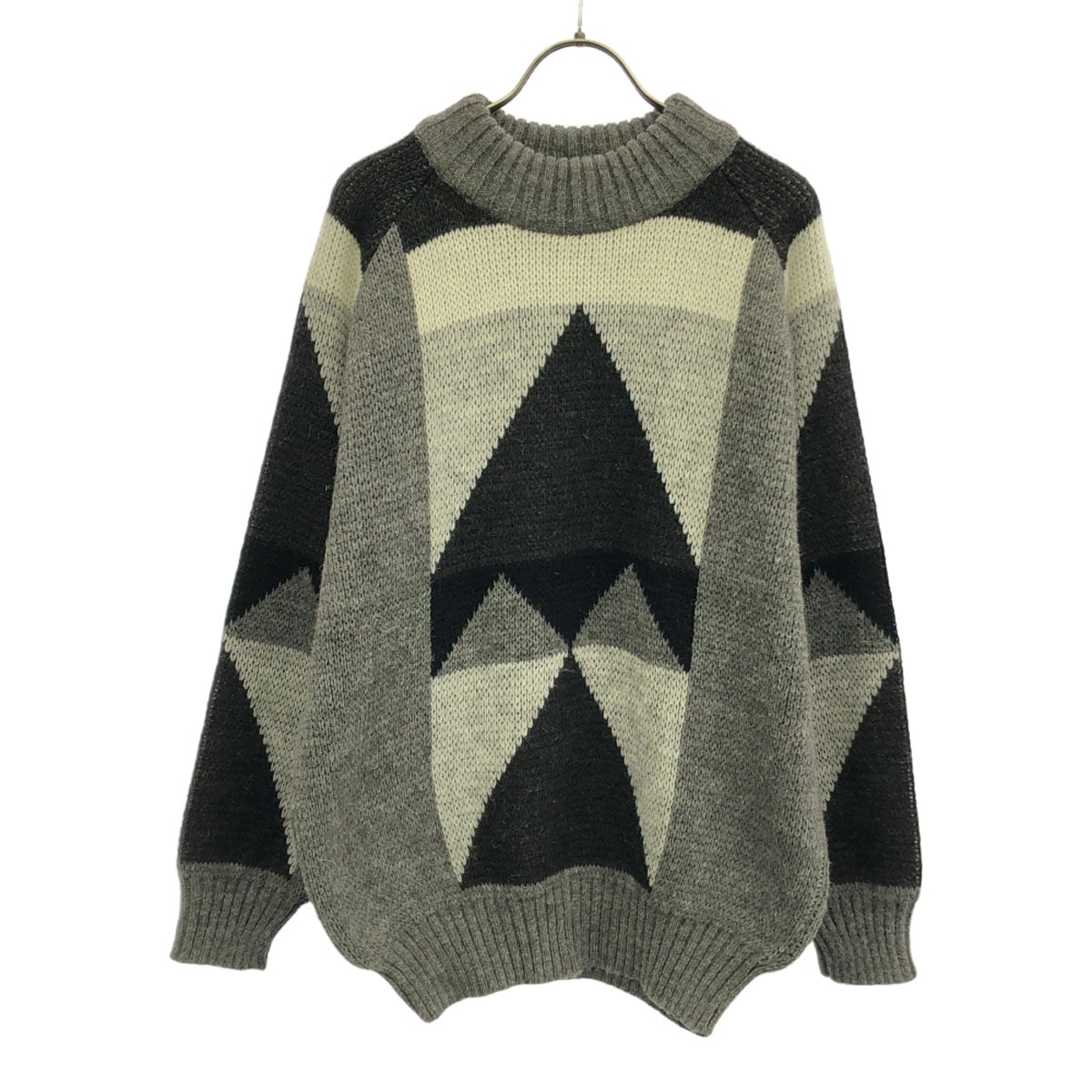 90s イタリア製 オールド 幾何学 長袖 ニット M グレー系 セーター メンズ 古着