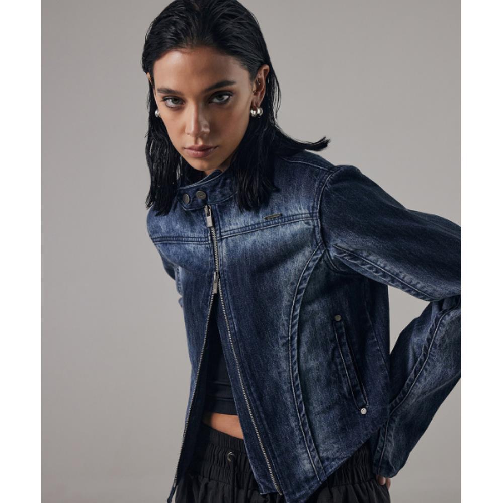 TREEMINGBIRD VShape Denim Biker Jacket Blue TMB241JK60