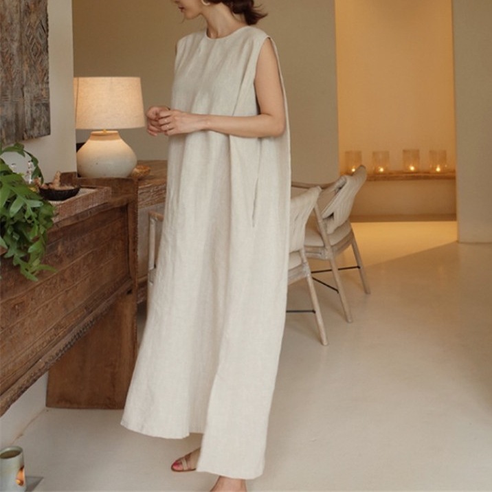 ワンピース ノースリーブ ロング丈 ロングドレス ラウンドネック ゆったり プルオーバー かわいい 大人可愛い きれいめ シンプル カジュアル 大人 上品 おしゃれ お洒落 レトロ 大人女子