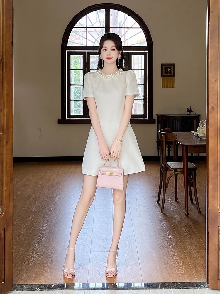 【JY.上品】 2024夏新品 パール飾り Aライン ショートワンピース ドレス パーティー キャバ 大人 同窓会 披露宴 卒業式 結婚式 演奏会 ウェディング 二次会 メガ割30%までに制限