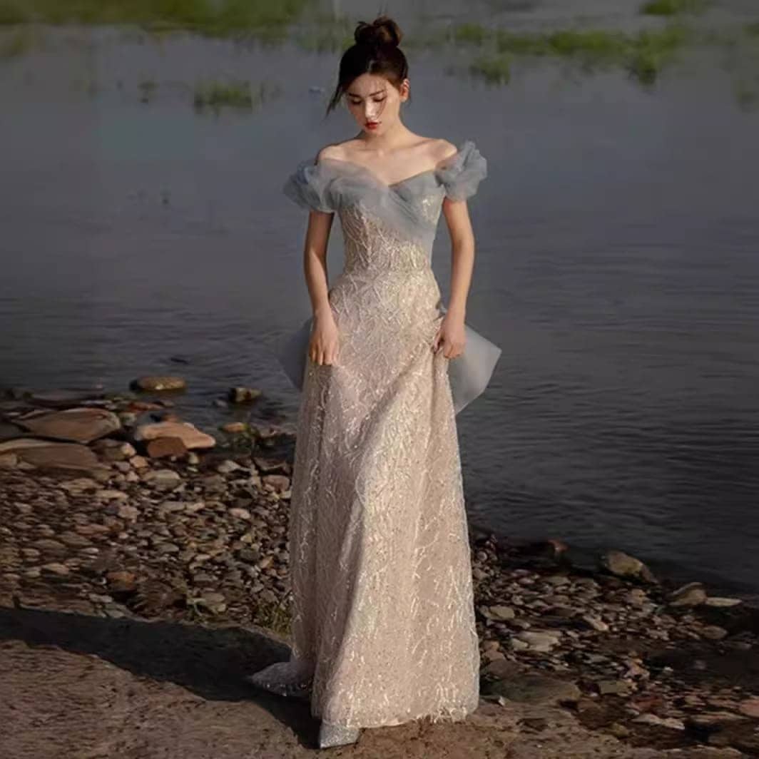 ワンショルダーイブニングドレス2025気質ドレスハイエンドブライダルドレススパンコールライトドレス女性用ワンピースドレスその他 ワンピースドレス