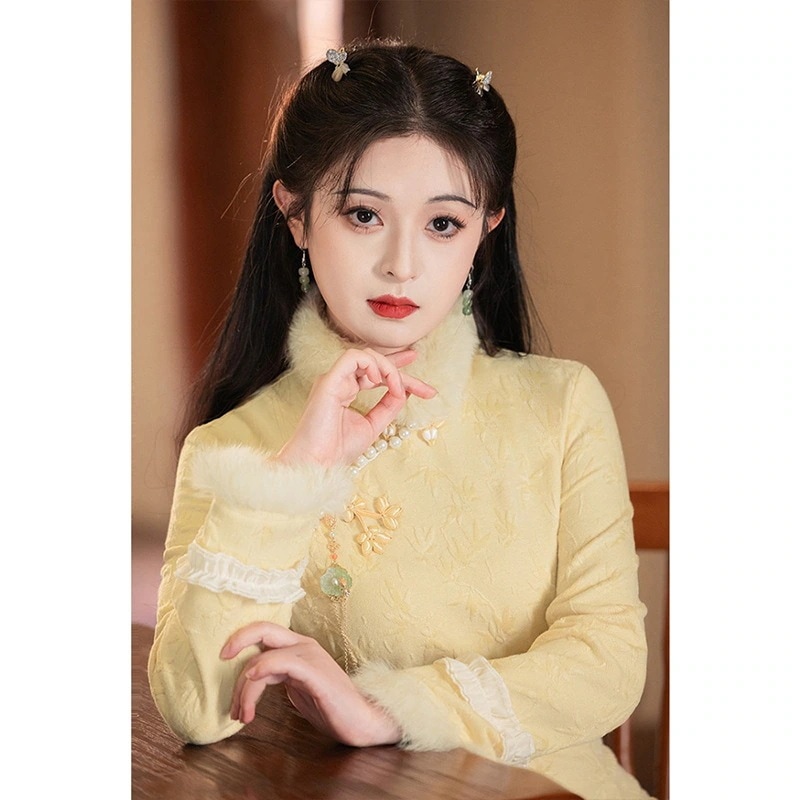 ワンピースドレスドレスチーズイエローチョンサム2025スリム秋と冬のスタイルスタイルデイリーウェアラブル冬の濃厚な長袖