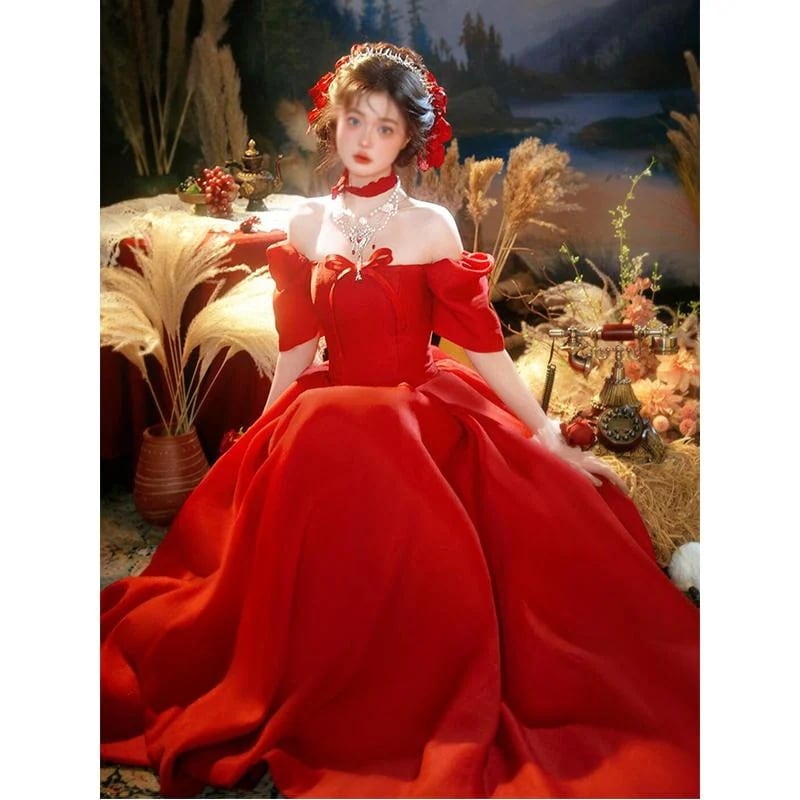 サテン ウェディングドレス 花嫁 小さい バーガンディ プリンセス ワンショルダー ドレス 写真スタジオ テーマ撮影