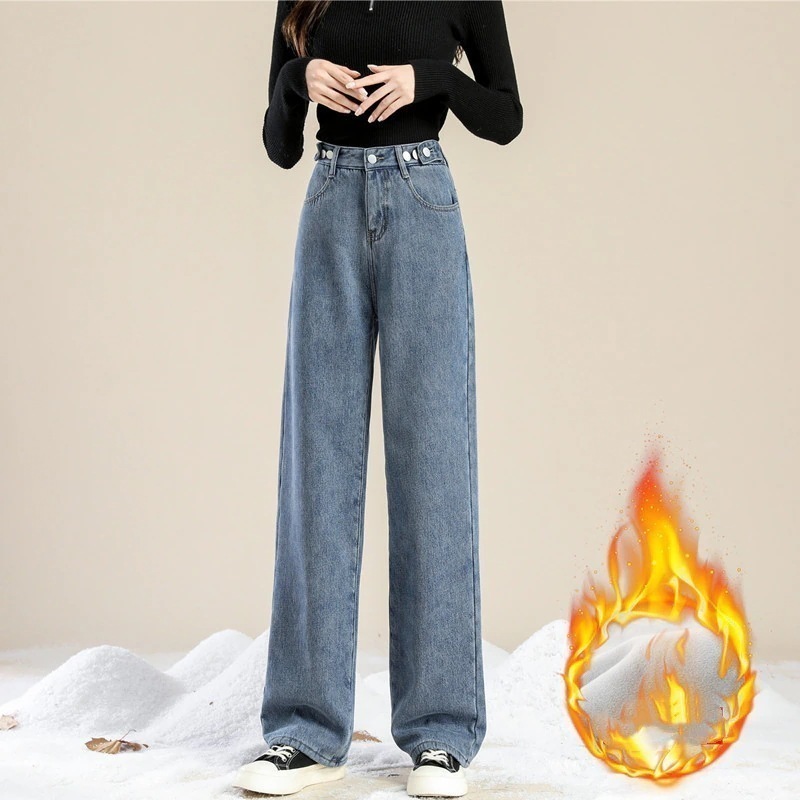 デニムパンツレディースワイドパンツ裏起毛裏ボアジーンズ厚ハイウエスト秋冬ジーパン保温防寒暖かいロングパンツゆったり通勤