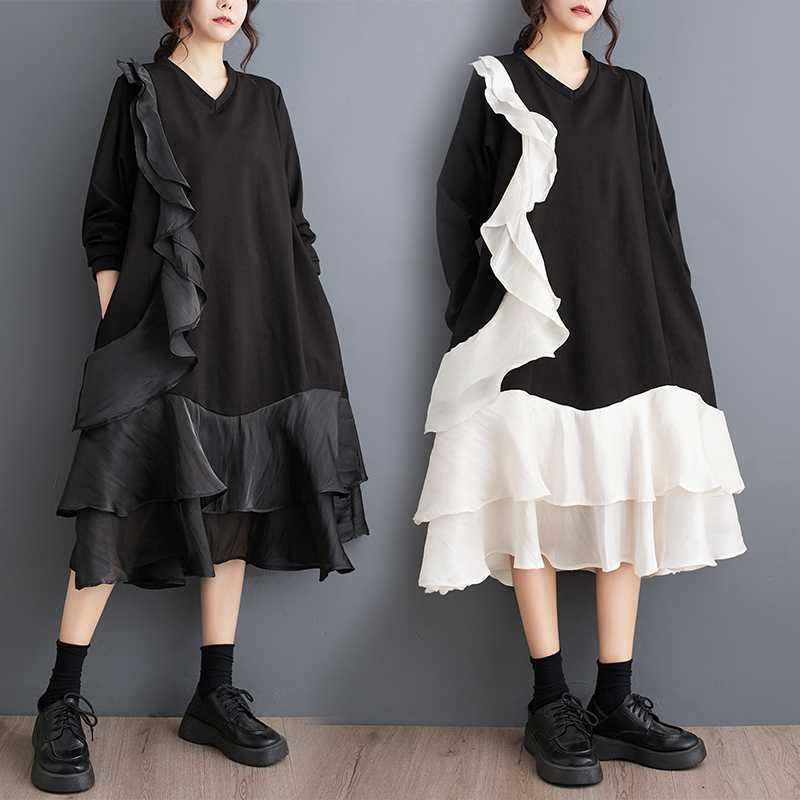 「ファットガール」 2024秋新品 フリフワンピース 大きいサイズ 体型カバー レディース vネック ドッキング ロングワンピース メガ割30%までに制限