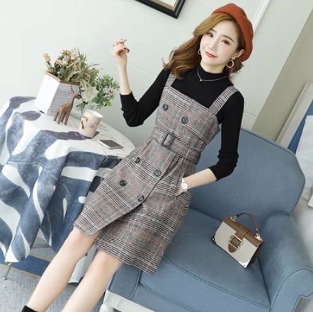学生風 セットアップ セーター ジャンパースカート ジャンスカ 膝丈 ハイネック スリム 細身 ボタン ベルト ウエストマーク ハイウエスト 柄 グレンチェック 秋 冬 10代 20代 30代 40代