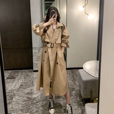 定番トレンチコート アウター ゆったり ベージュ XS S M L XL 定番 ロング丈 袖あり 爽やか スタイル 可愛い きれいめ シンプル カジュアル 上品 おしゃれ かっこいい
