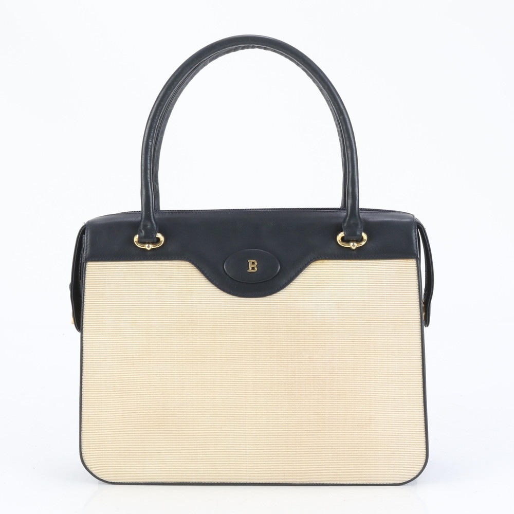 美品 トップハンドル ゴールド 金具 レザー×キャンバス トート バッグ 肩掛け ショルダー ハンド レディース RUE CQ15-3 中古