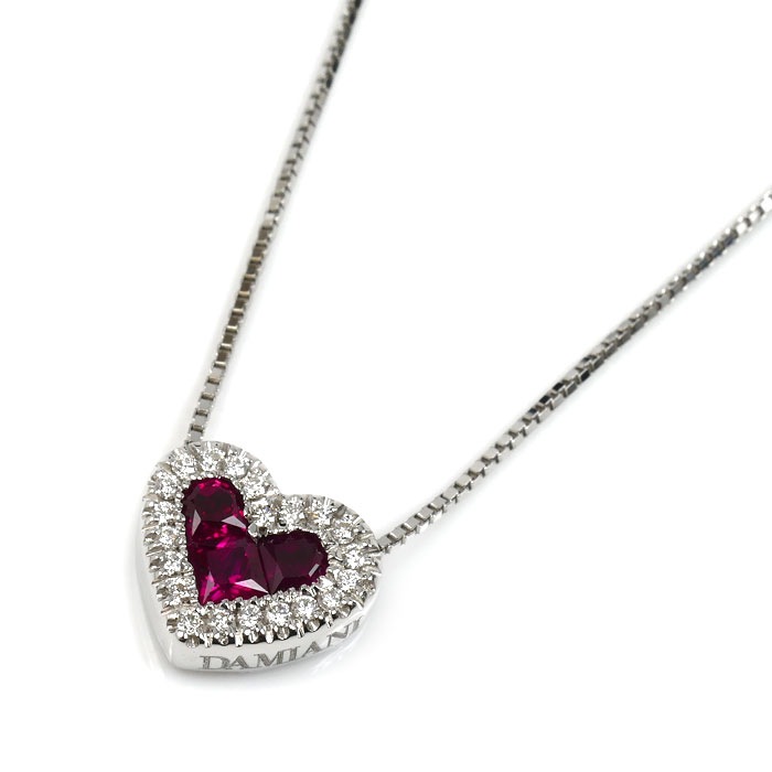 Damiani ダミアーニ K18WG ホワイトゴールド ネックレス ルビー ダイヤモンド 5.5g 37/42/46cm ハート レディース 中古