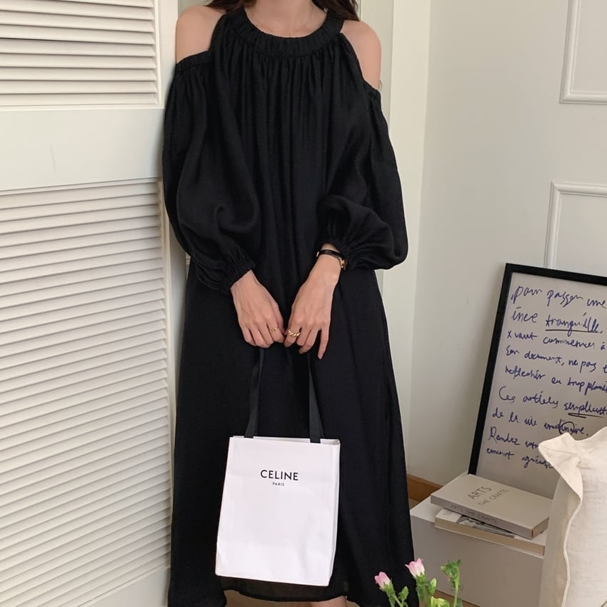 ワンピース レディース ロング丈 長袖 ラウンドネック シフォン 透け感 シアー