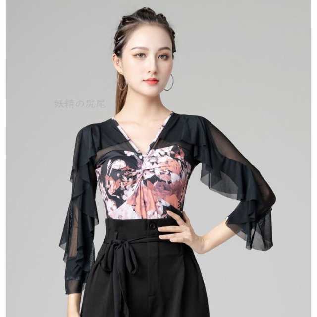 ラテンダンスウェア ダンス衣装レオタード レディース長袖ステージ衣装フリル袖 社交 ダンス練習着トップス花柄レッスン着スパンコール舞台 全店二点送料無料