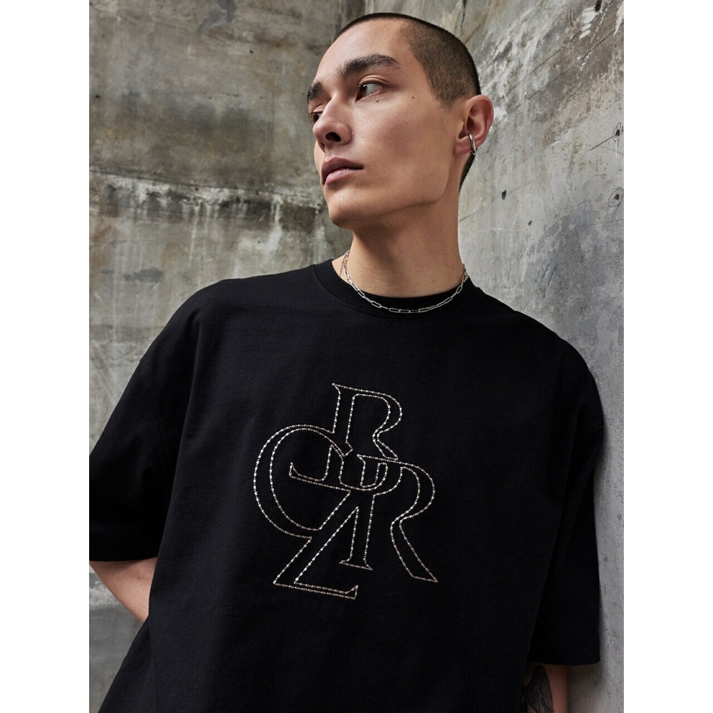 CITYBREEZE メンズシンボルロゴステッチ刺繍入りショートスリーブ T シャツブラック