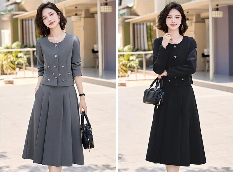 人気 新作 ２色 ノーカラージャケット+ハーフスカートセットアップ セット ショート丈長袖スーツ+ハーフスカート テーラードフォーマルドレス パーティドレス 着痩せ/秋春冬/OL 通勤/きれいめ/キャ