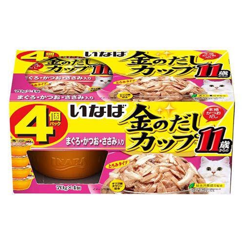 いなば　金のだし　カップ　４個パック　１１歳からのまぐろ・かつお・ささみ入り　７０ｇX４個　１２個入り　キャットフード　ＣＲＣ35―20―20―50―00