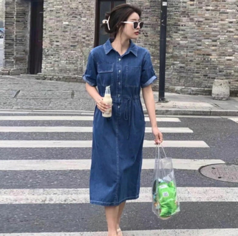 ワンピース 袖あり かわいい 大人可愛い きれいめ シンプル カジュアル 大人 上品 おしゃれ デニム 無地 半袖 エレガント ウエストマーク リボン ロング丈 スリット タイト 韓国 休日 ママ 春