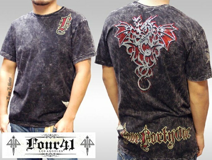 Four41 Los Angeles フォーフォーティーワン メンズ ラインストーン Tシャツ シルバードラゴン ブラック KS-68 スワロフスキー インポート セレブ ブランド ストリート LAセ