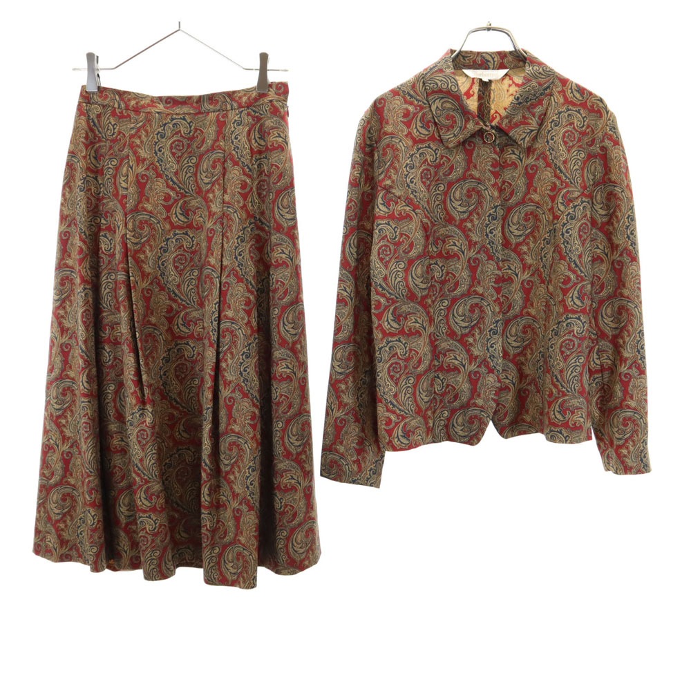 バーバリーズ 90s ウール オールド 総柄 スカートスーツ 上下セットアップ 11/9 赤系 Burberrys レディース