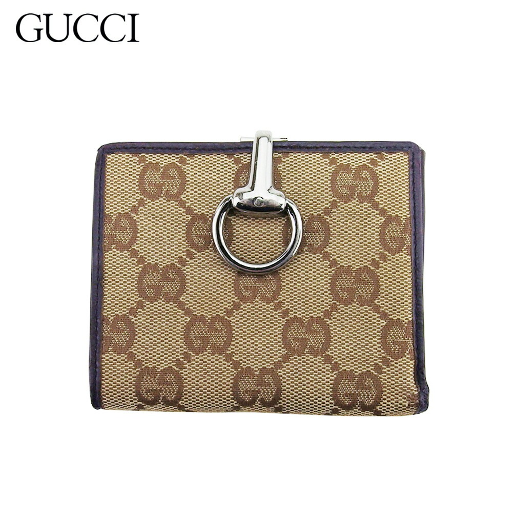 Wホック 財布 二つ折り ミニ財布 GGキャンバス レディース メンズ ホースビット ベージュ ブラウン シルバー 中古