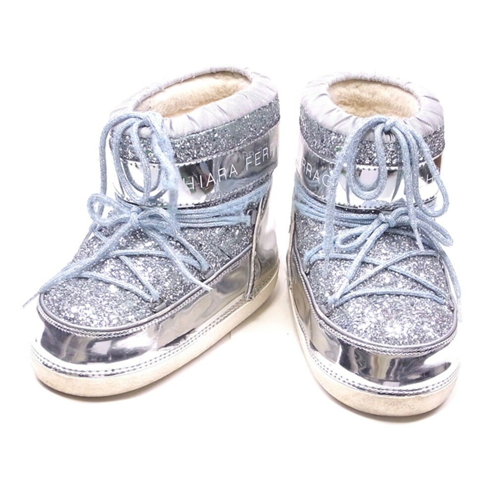 スノーブーツ グリッター 35-37 レースアップ シルバー ブルー 中古