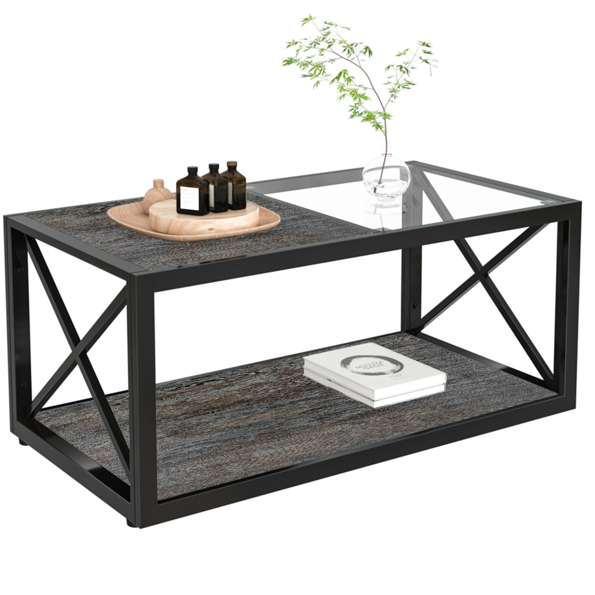 長方形コーヒーテーブル リビング用 強化ガラス天板×ウッド調MDF インダストリアルスタイル ローテーブル