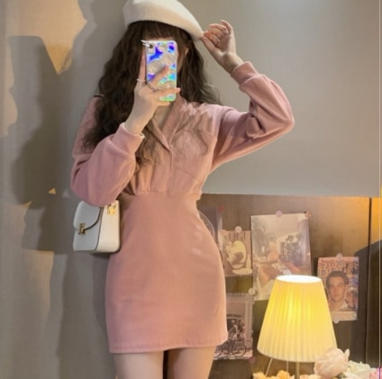 ピンクカラーミニ丈ワンピース ワンピース ミニ丈 長袖 Vネック スリム Iライン ウエストマーク