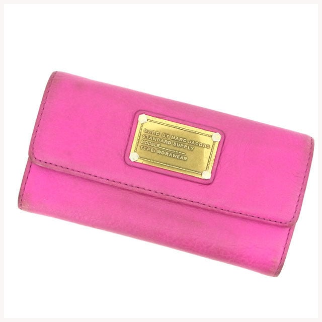三つ折り財布 /長財布 クラシックQスクエアロゴプレート ピンク 中古
