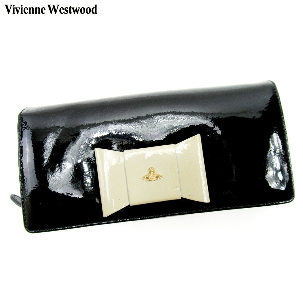 長財布 ラウンドファスナー リボンモチーフ ブラック 中古