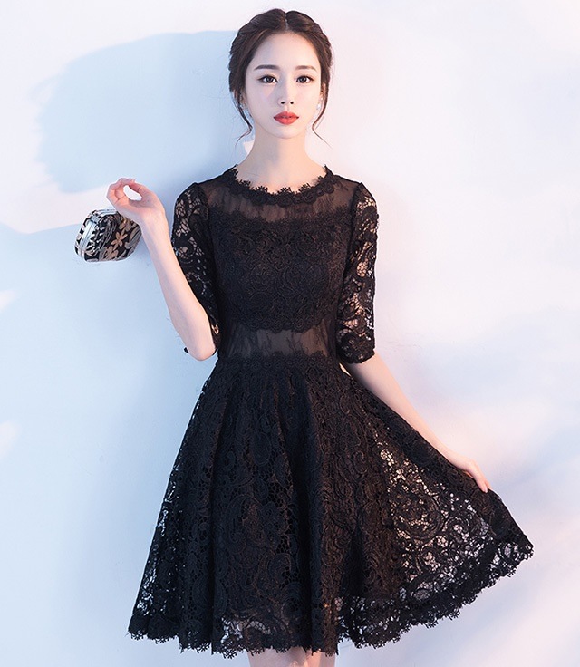 ミニ 膝丈 ドレス ワンピース 結婚式 パーティー レディース 大きいサイズ 黒 袖あり 総レース 背中見せ
