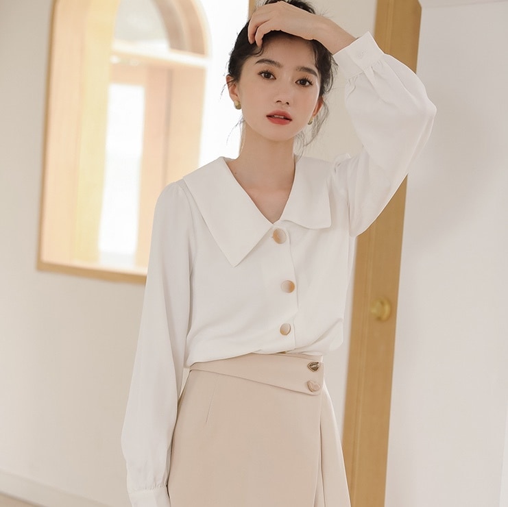 トップス シャツ ブラウス 袖あり 長袖 Vネック 襟付き シフォン かわいい 大人可愛い きれいめ シンプル 大人 上品 おしゃれ お洒落 レトロ 大人女子 こなれ感 キュート エレガント モダン