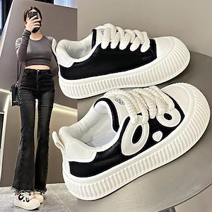 2024新型 夏 厚底カジュアルシューズ 板靴 女性の白黒パンダの白靴 女子学生の韓国ファッション靴のソフト底靴 スニーカー