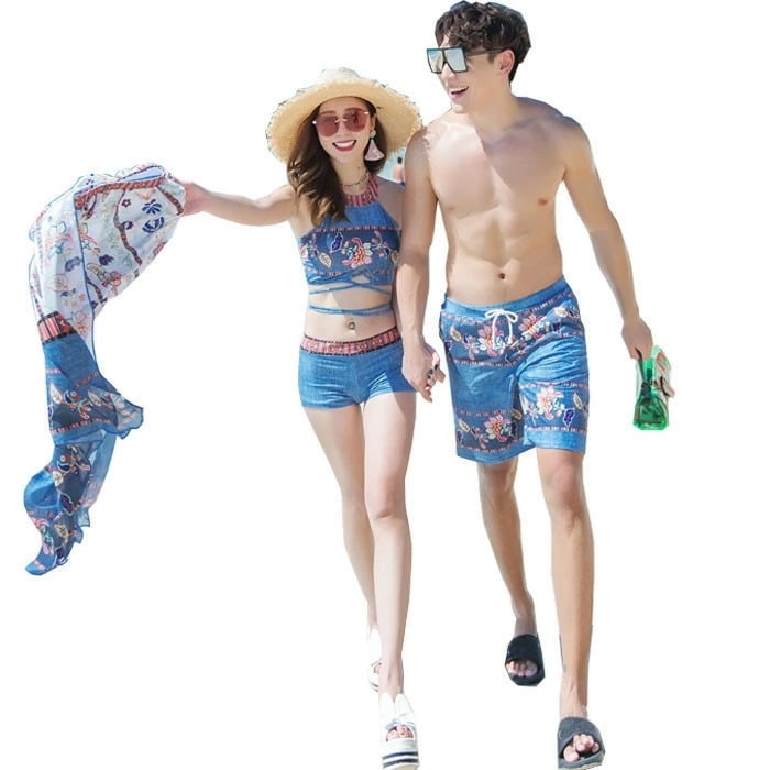 【男女セット】ペア水着 ペアルック ビキニ タンキニ パンツ カップル ペアルック ペア カップル 水着 4点セット セパレート セットアップ サーフパンツ ペアお揃い 半袖 レディース メンズ カッ