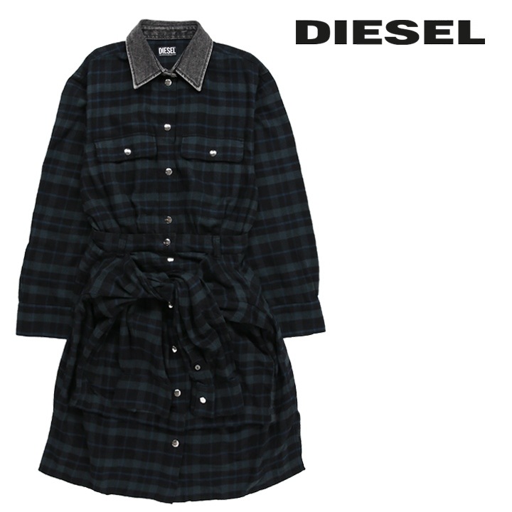 長袖フランネルシャツワンピース レディース D-JANICE-A チェック柄 襟デニム切替 die-l-t-f4-6h2
