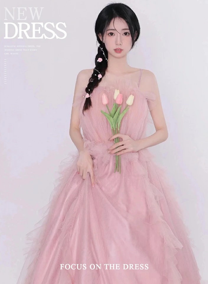 ウェディングドレス ピンク レディースドレス 高級感 スウィート プリンセス風 花嫁ドレス ロングドレス チュールスカート 森系 姫系 披露宴 撮影 前撮り 成人式 結婚式 礼服 キャミソール トレー