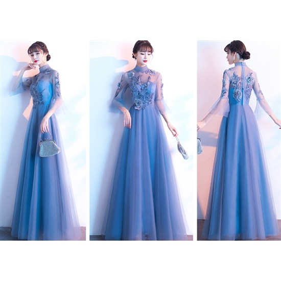 【取寄：納期2週間】演奏会ドレス ロングドレス 大きいサイズ 2XL 長袖 袖あり 花柄 Aラインスカート